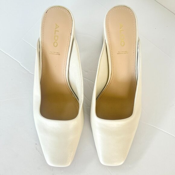 Sz 7.5 Aldo Brerwen White Leather Square Toe Block Heel Slip On Mule Shoes - Picture 4 of 15